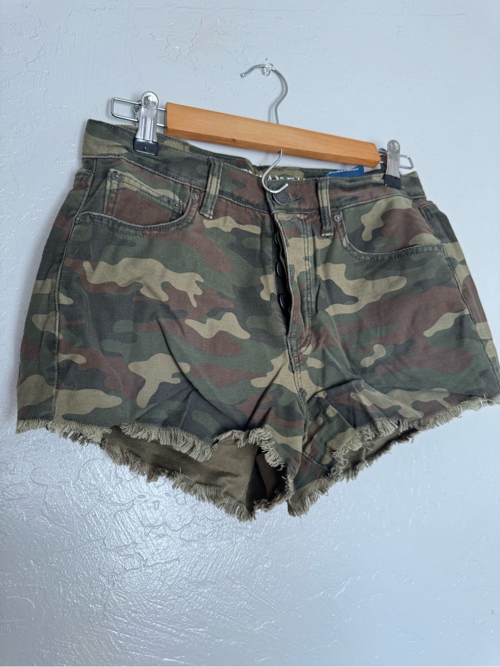 American Eagle Outfitters Camouflage Frayed Hem Denim Shorts